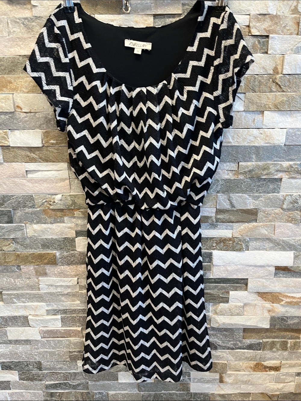 Rebellion Black & White Chevron Blouson Mini Dress